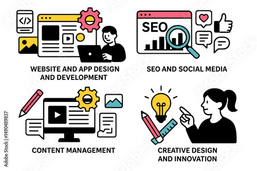 Website and app design along with SEO social media and creative innovation illustrated in a colorful vector format