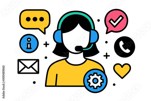 Vector illustration of a customer service representative with headset surrounded by communication icons and symbols