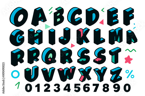 Unique vector illustration of 3D letters and numbers with colorful accents designed for creative projects and educational purposes