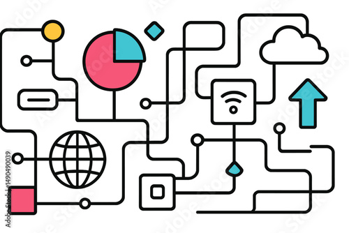 Vector illustration depicting modern technology connections with data, statistics, and communication icons, highlighting interconnected systems