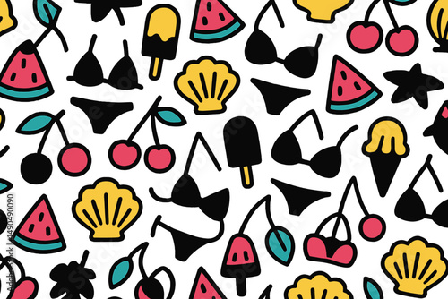 Vibrant vector illustration featuring summer themes of swimwear, fruit, and treats in a playful design