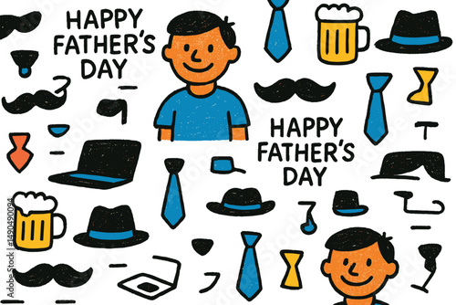 Colorful vector illustration celebrating Father's Day with various thematic elements like hats, ties, and beer