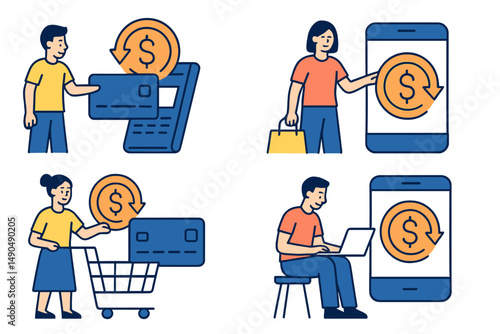 Vector illustration depicting various digital payment methods in everyday shopping situations throughout the day