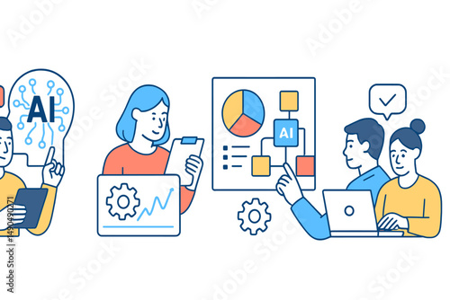 Collaborative team working on artificial intelligence projects with charts, graphs, and technology tools in a modern office setting