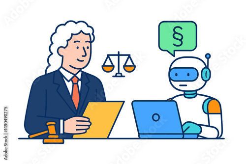 Lawyer consulting with a robot assistant in a modern legal office during a busy workday