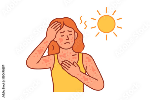 Vector illustration of a woman experiencing skin irritation under sunlight in a warm environment