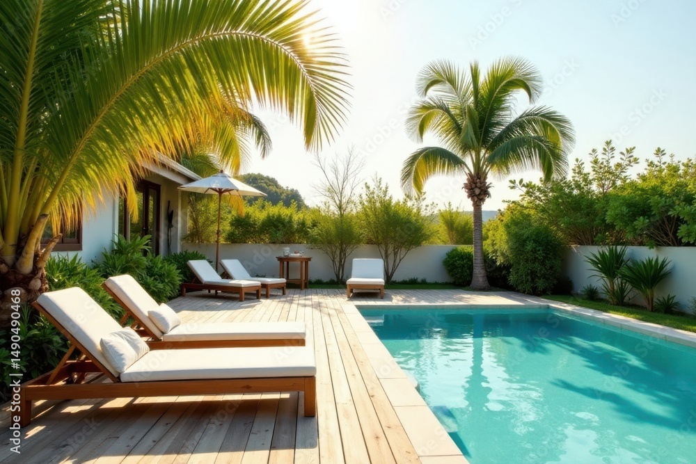 Fototapeta premium Tranquil Poolside Escape Luxurious Loungers, Lush Palm Trees, and a Sparkling Pool Beckon for Relaxation and Rejuvenation