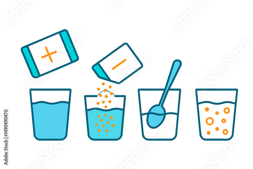 Steps for preparing a refreshing fizzy drink with powdered mix and water in a simple vector illustration