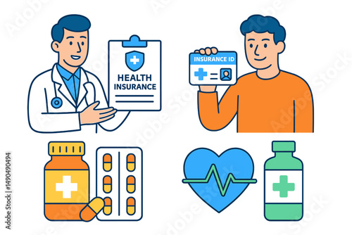 Health insurance consultation featuring a doctor, patient, and medical supplies in a vector illustration