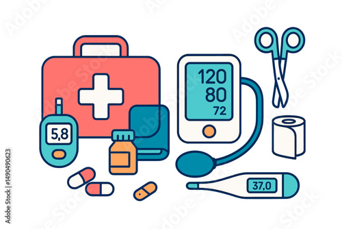Illustration of medical supplies and equipment in a health care setting showcasing vital signs monitoring and medication management