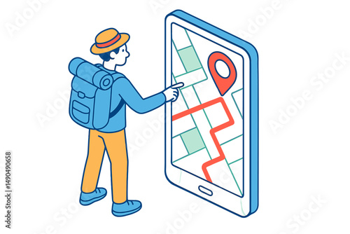 Hiker using smartphone with map navigation in a creative vector illustration for outdoor adventure enthusiasts