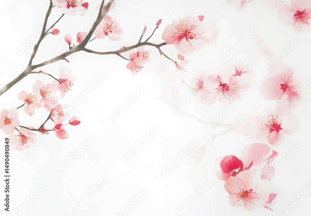 Fototapeta premium Delicate Pink Flowers On Branch Watercolor Style White Background