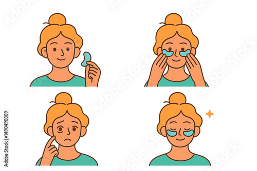 Relaxing skincare routine with a woman applying eye patches for rejuvenation and freshness