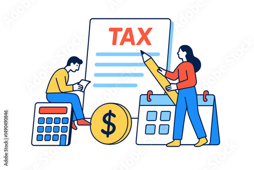 Vector illustration depicting individuals preparing taxes with calculator, calendar, and dollar symbol in a home office setting