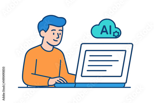 Vector illustration of a person using a laptop to engage with artificial intelligence technology in a modern workspace