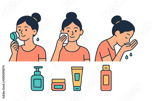 Skincare routine steps illustrated with characters demonstrating cleansing and moisturizing actions