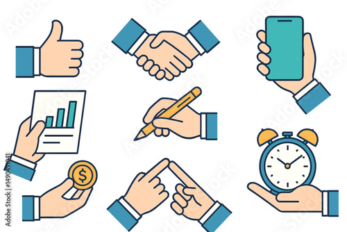 Business collaboration and communication illustrated in vector graphics featuring various activities and tools