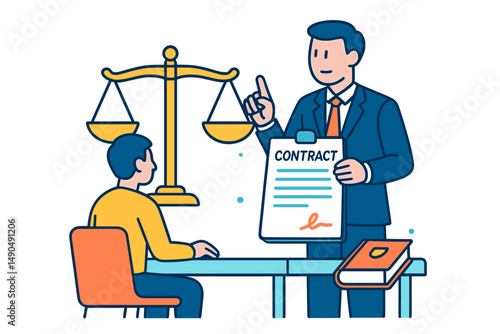 Lawyer explaining contract terms to client in a professional setting during daytime