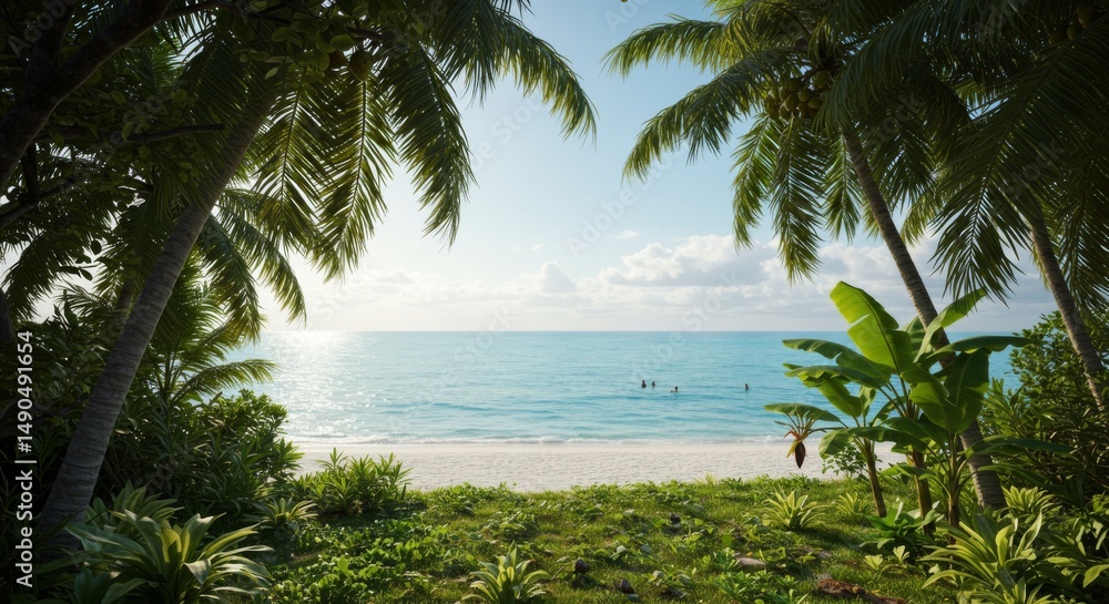 Fototapeta premium Tropical Beach Paradise: Lush Green Palm Trees Frame a Pristine White Sand Beach and Azure Ocean