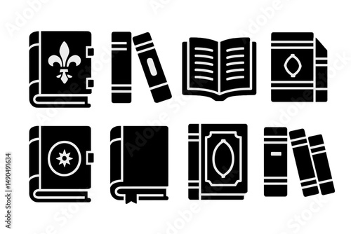 Vector illustration of a variety of book designs featuring decorative elements and binding styles