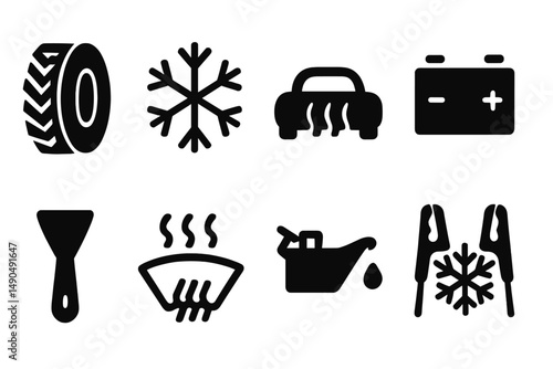 Vector illustration featuring winter car maintenance tools and symbols for safe driving in cold weather