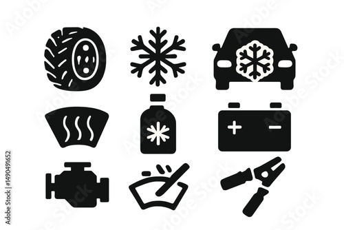 Winter vehicle maintenance tasks illustrated with symbols for car care and readiness