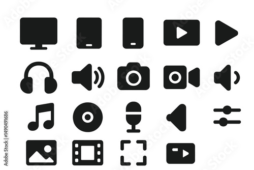 Collection of vector icons depicting multimedia devices and controls suitable for various digital applications