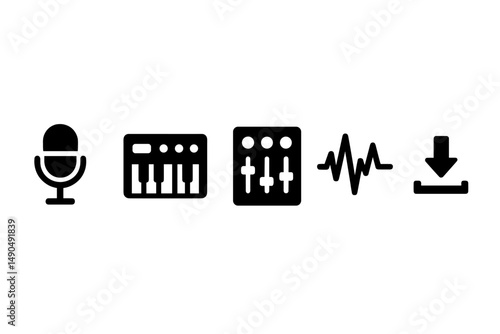 Vector illustration of audio production elements including a microphone, keyboard, mixer, waveform, and download icon