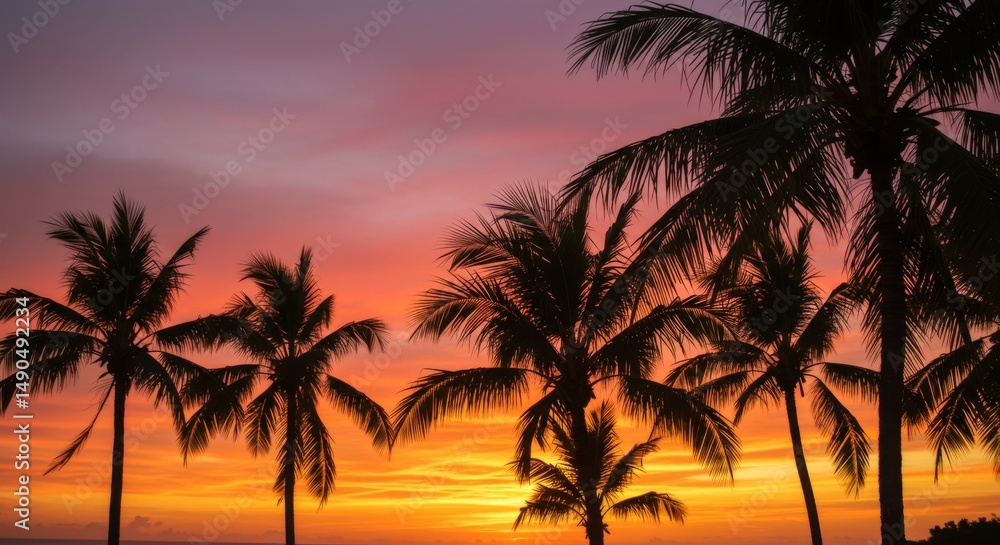 Silhouette Palm Trees at Sunset Over Tropical Ocean Silhouette Palm Trees at Sunset Over Tropical Ocean