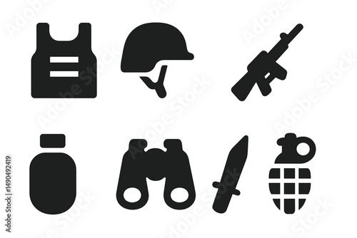Military equipment vector illustration featuring essential items for defense and observation in a tactical scenario
