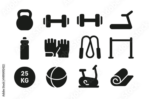 Fitness equipment vector illustration showcasing common gym items for a healthy lifestyle