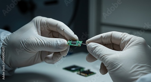 Assembling Microchip by Human Hands Wearing Gloves