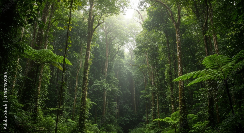 Fototapeta premium Lush Green Rainforest With Sunlight Beams
