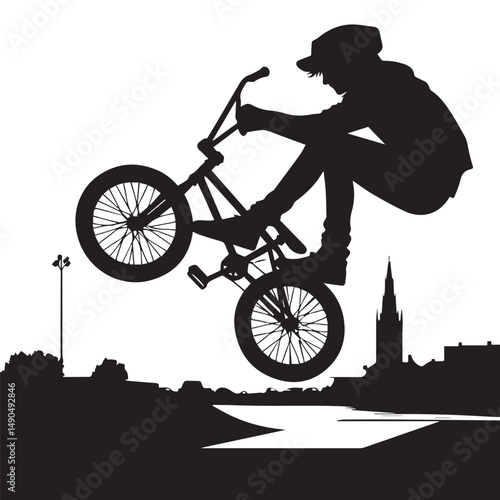 silhouette of a person playing bmx, editable vector image