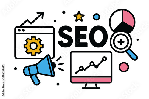 Vector illustration showcasing SEO concepts with a magnifying glass, graphs, and digital tools on a vibrant background