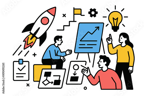 Team brainstorming ideas for a startup project using vector illustration in a creative workspace environment