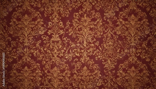 Intricate damask pattern in deep burgundy & gold, fabric, victorian, flowers