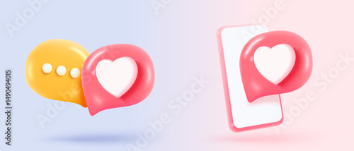 3D lover on cyberspace social online platform. relationship with heart and love emoji on speech icon, like and surprise in red bubble. 3d passion heart icon vector render illustration