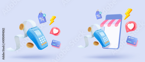 3D bill payment with credit card and financial for online shopping, payment credit card with alert notification. Invoice transaction with credit card reader. 3d receipt vector icon render illustration