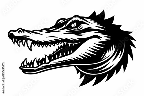 crocodile head silhouette line art vector illustration with a white background