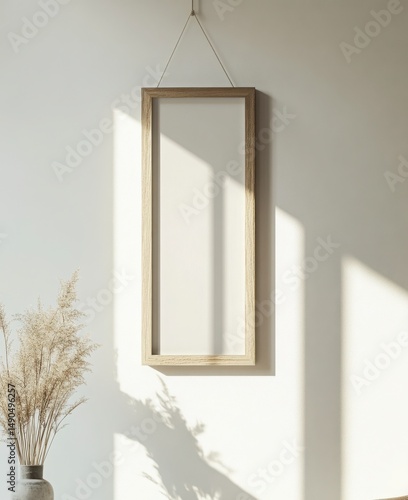 Empty Wooden Frame On White Wall With Sunlight And Dried Flowers