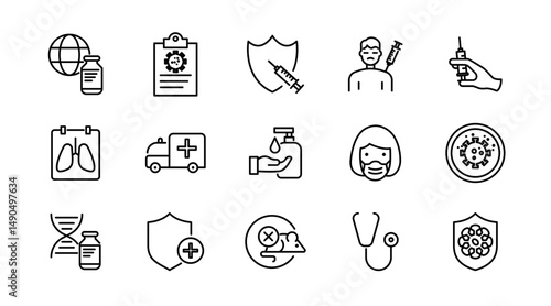 Virus line icon set. Bacteria, Bacteria, microbiology, biohazard, disease, virus protection, vaccine, protective, microorganism, and health awareness outline vector icon. UI thin outline icon pack