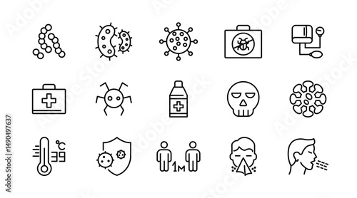 Virus line icon set. Bacteria, Bacteria, microbiology, biohazard, disease, virus protection, vaccine, protective, microorganism, and health awareness outline vector icon. UI thin outline icon pack