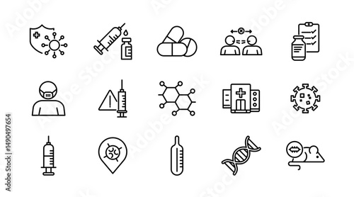Virus line icon set. Bacteria, Bacteria, microbiology, biohazard, disease, virus protection, vaccine, protective, microorganism, and health awareness outline vector icon. UI thin outline icon pack