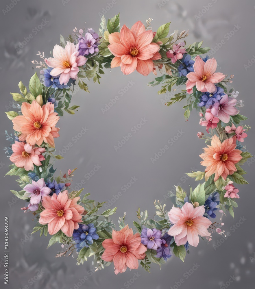 Obraz premium Intricate watercolor petal design, floral wreath , invitation, pastel, texture