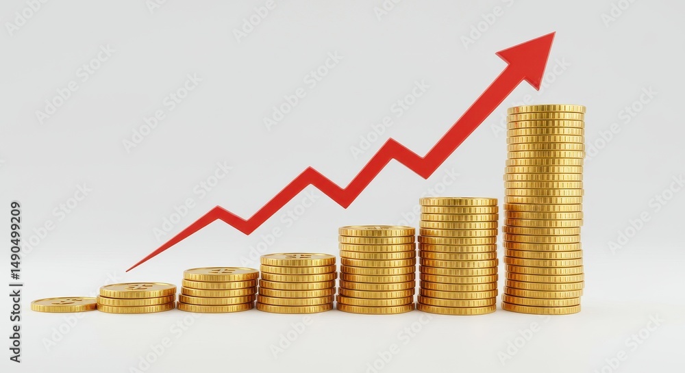 Golden Coins Stack Growing Graph - Financial Success and Wealth Accumulation; Rising Gold Coin Stacks - Business Growth and Investment Concept Golden Coins Stack Growing Graph - Financial Success and Wealth Accumulation; Rising Gold Coin Stacks - Business Growth and Investment Concept