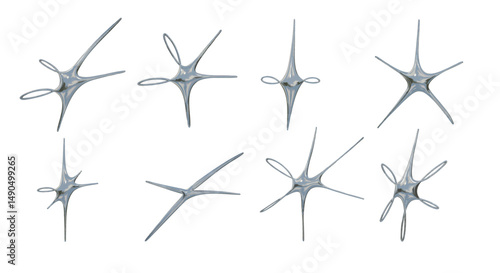 Chrome Liquid Abstract Star Loop Shape. A complete collection of 8 chrome liquid abstract shapes featuring star forms glossy metallic. Perfect for sci fi layouts 3d icons and futuristic design assets