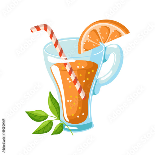 Orange Fruit Cocktail in Glass, Flat Illustration