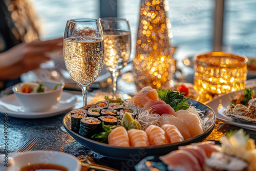 Luxurious dinner with sushi, champagne and festive lights by the sea