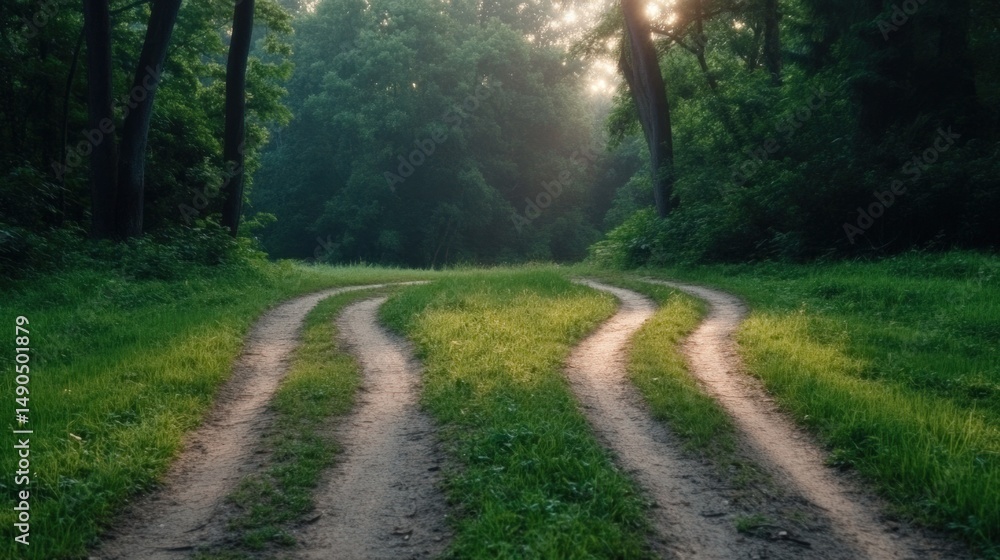 Fototapeta premium Dirt path meandering through green forest sunlight adventure